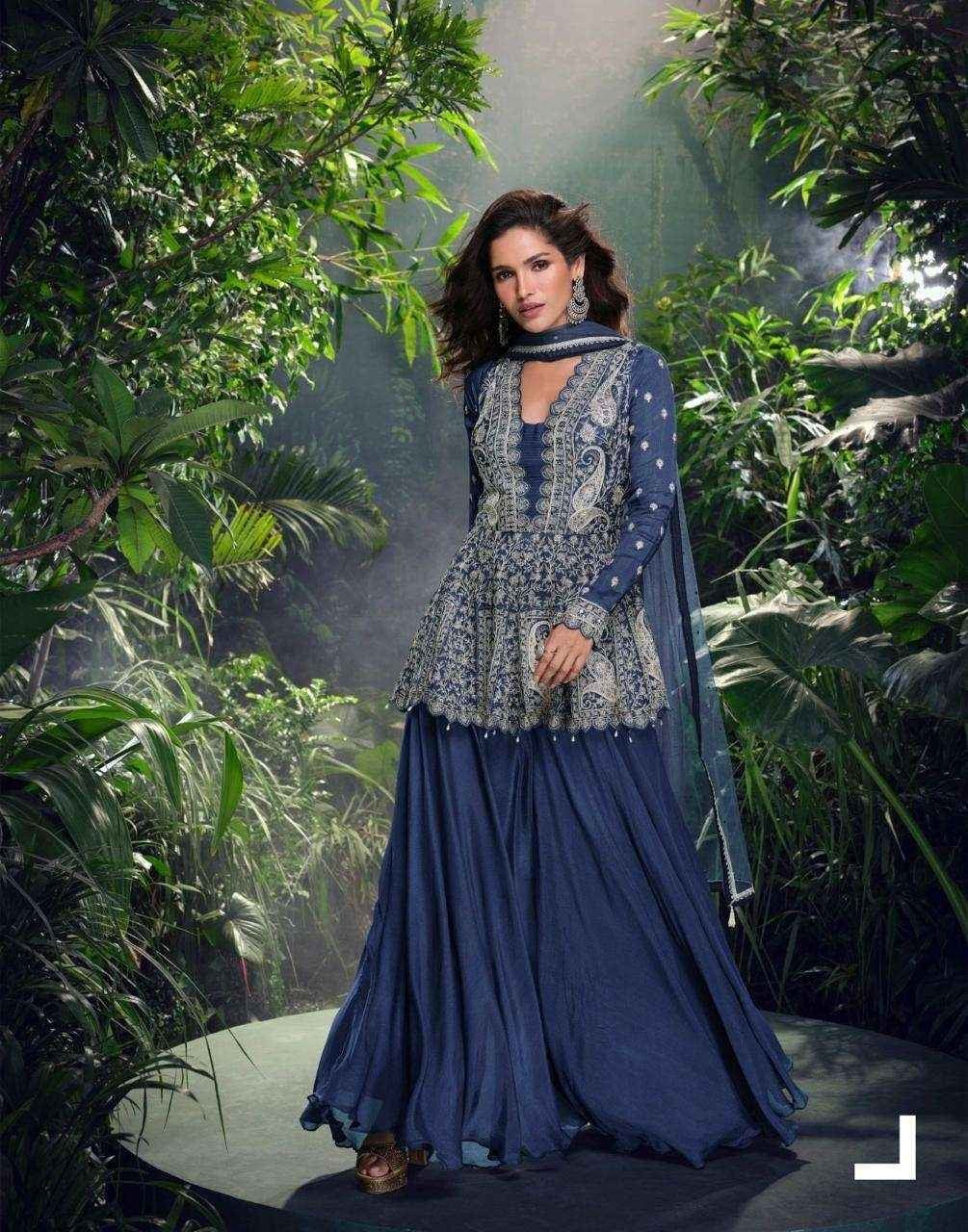 Navy Blue Embroidered Mirror Work Plazzo Set in Chinon Silk