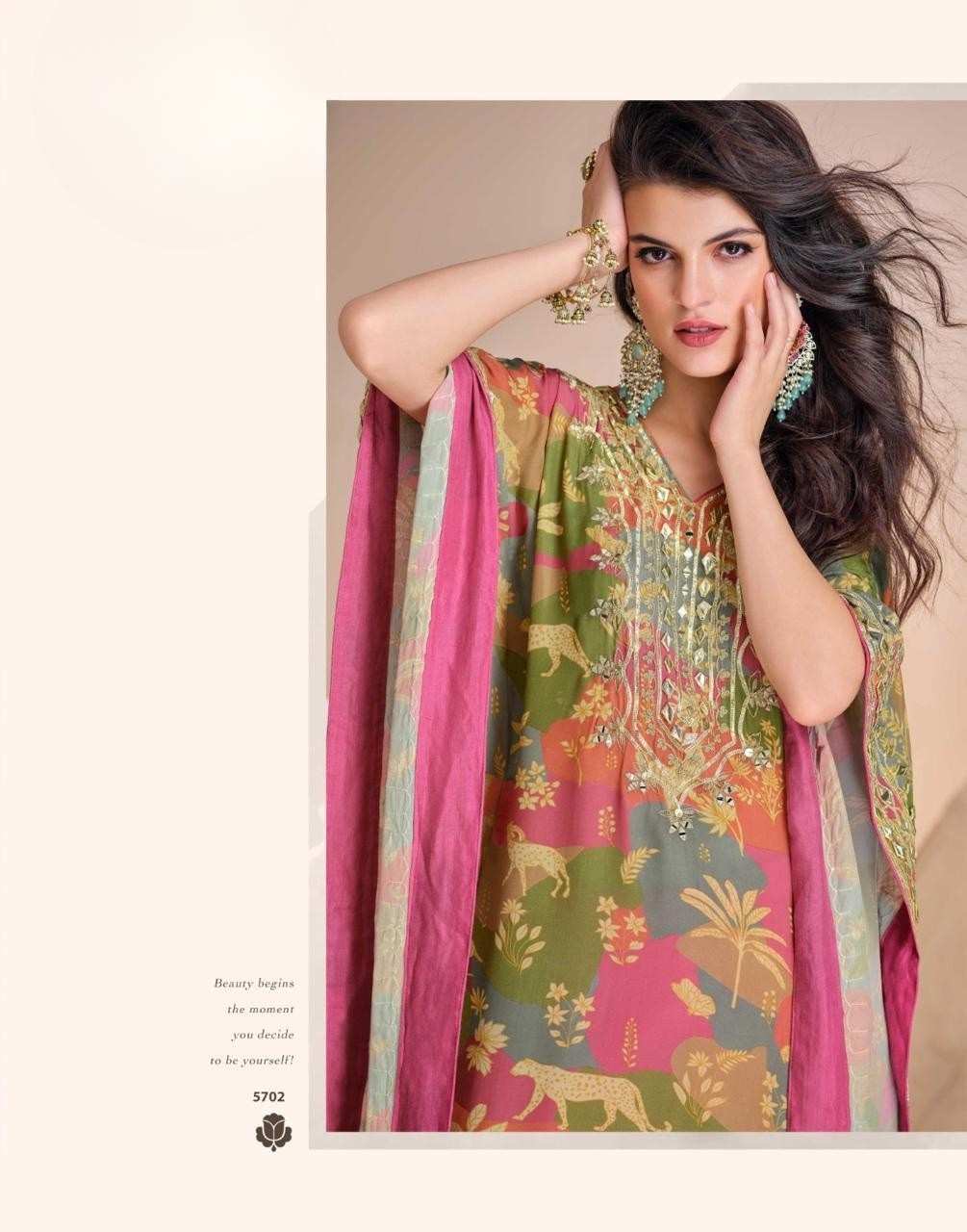 Multicolour Designer Kaftan with Pink Tulip Pants Set