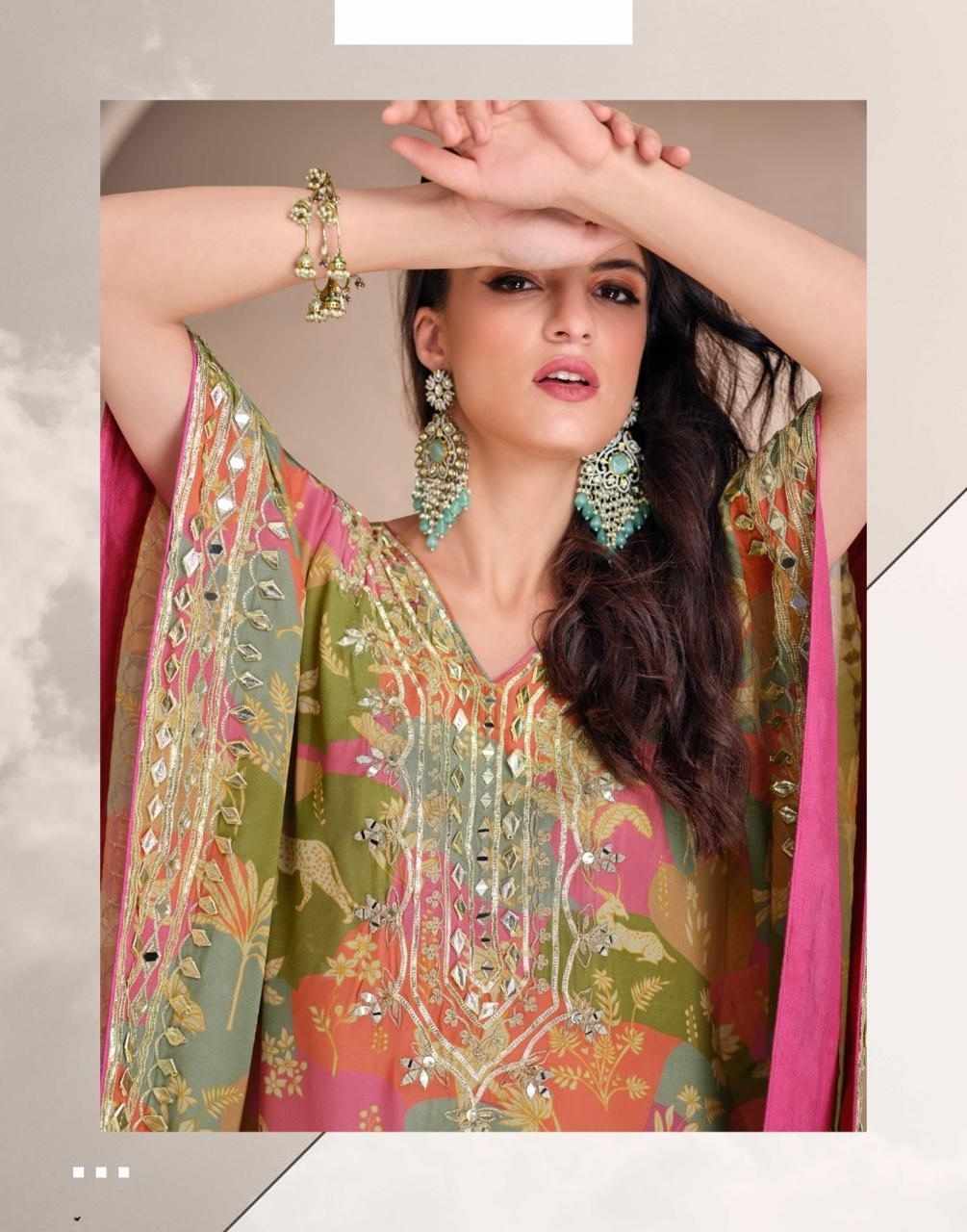 Multicolour Designer Kaftan with Pink Tulip Pants Set