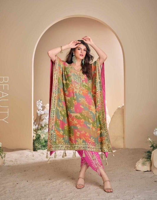Multicolour Designer Kaftan with Pink Tulip Pants Set