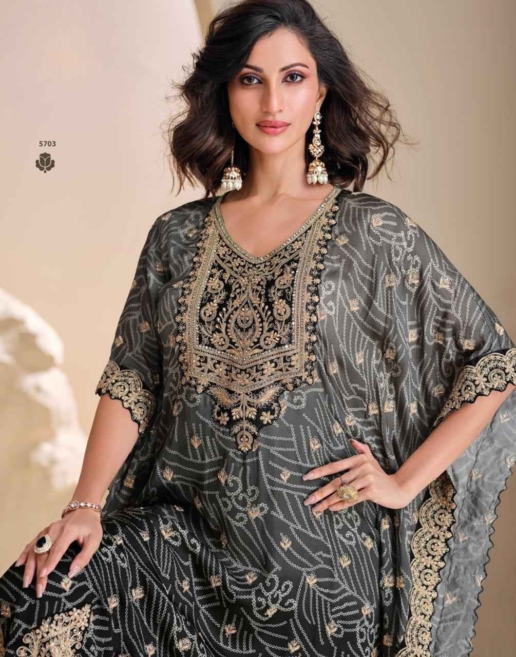 Olive Green and Black Double Shaded Designer Kaftan with Tulip Pants Set