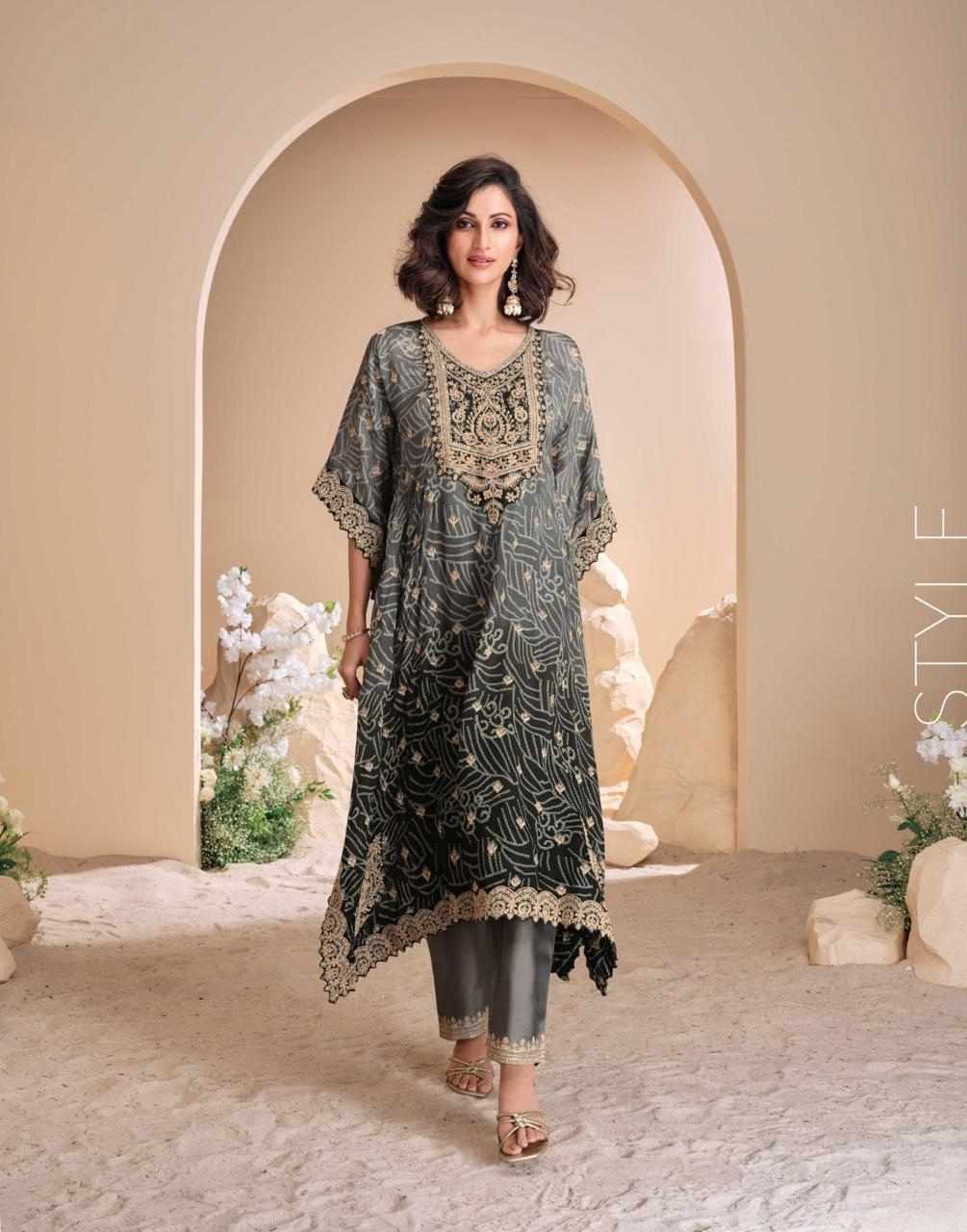 Olive Green and Black Double Shaded Designer Kaftan with Tulip Pants Set