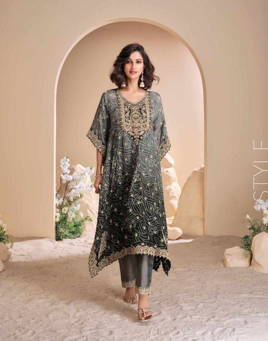 Olive Green and Black Double Shaded Designer Kaftan with Tulip Pants Set