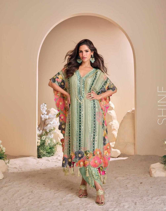 Mint Green Designer Kaftan with Tulip Pants & Mirror Work