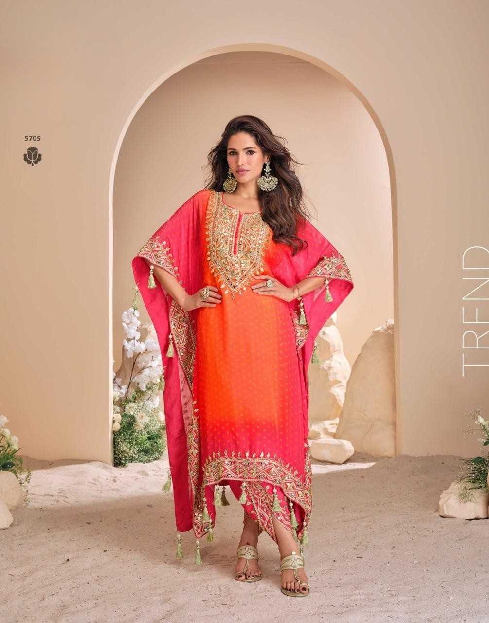 Designer Orange-Pink Kaftan with Mirror Work & Tulip Pants