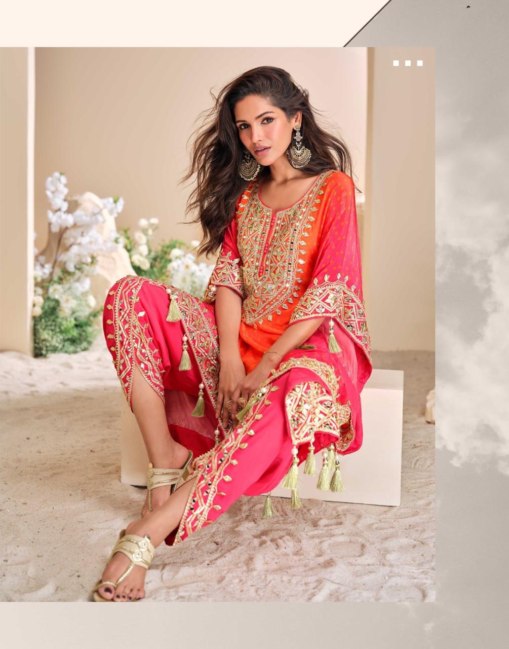 Designer Orange-Pink Kaftan with Mirror Work & Tulip Pants