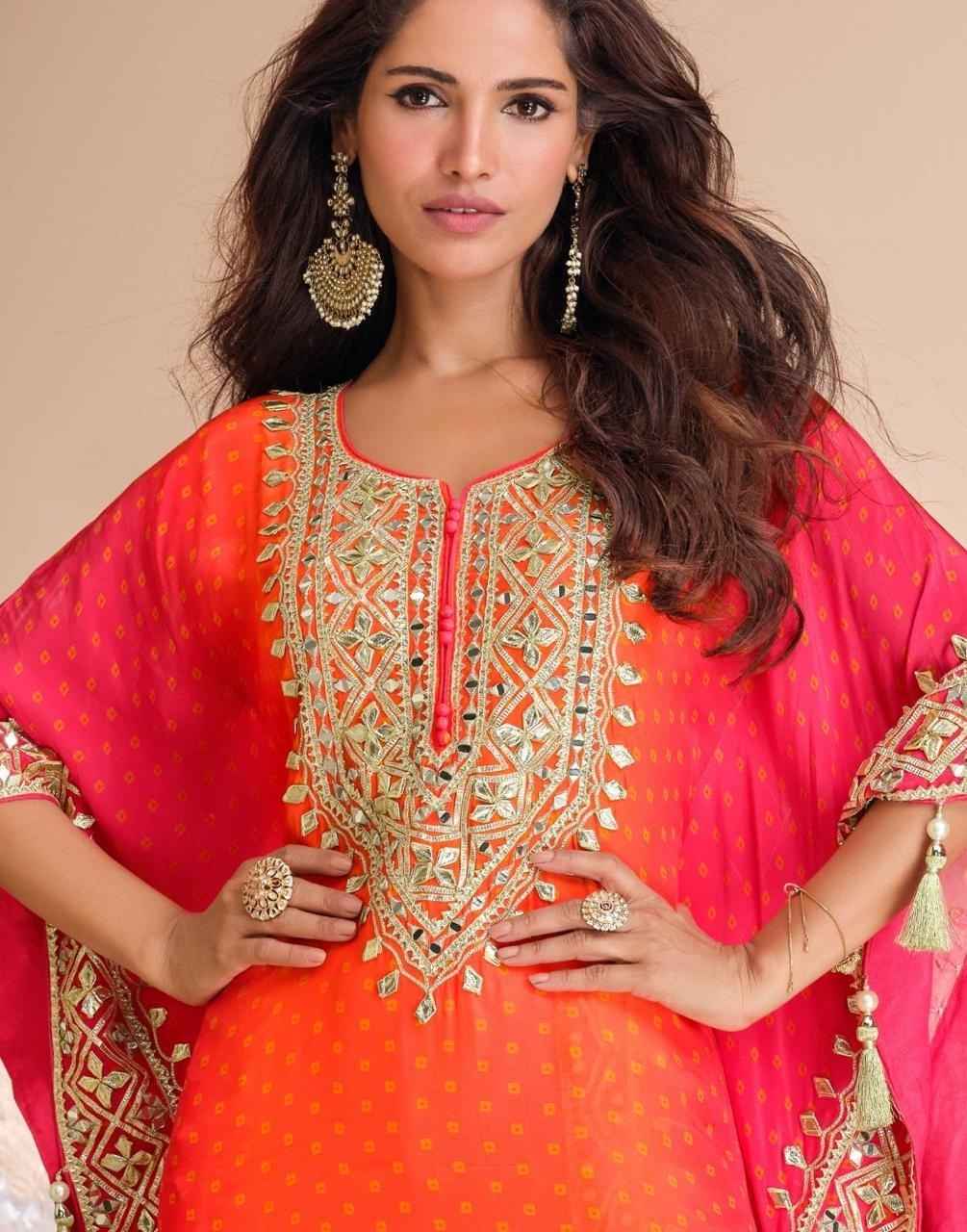 Designer Orange-Pink Kaftan with Mirror Work & Tulip Pants