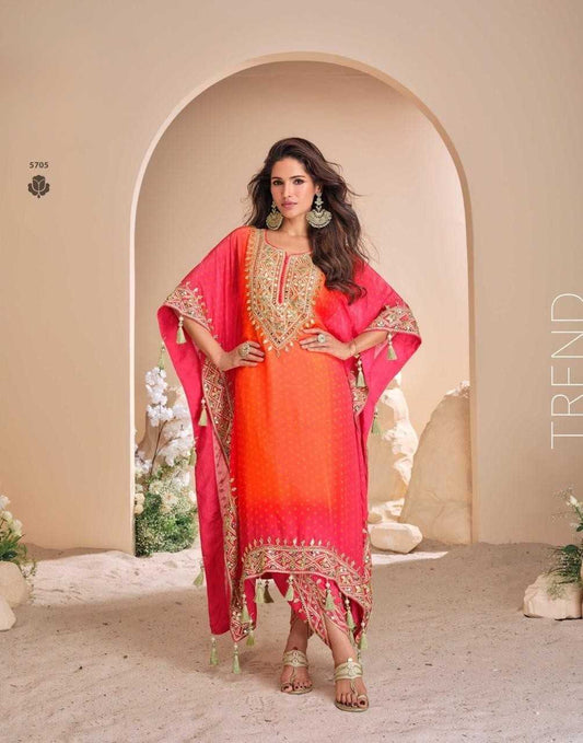 Designer Orange-Pink Kaftan with Mirror Work & Tulip Pants