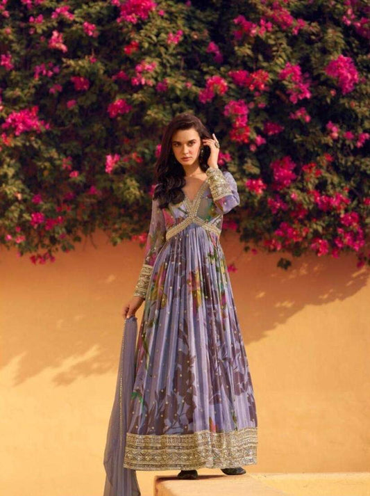 Lavender Floral Printed Anarkali Gown with Embroidered Borders
