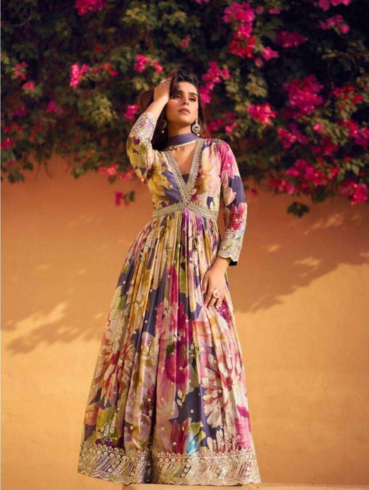 Multicolour Floral Printed Anarkali Gown with Embroidered Hem