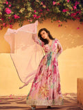 Pastel Pink Floral Anarkali Gown with Mirror Embroidery