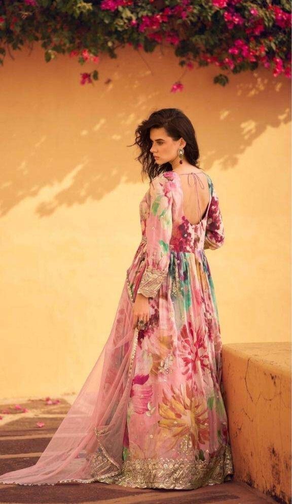 Pastel Pink Floral Anarkali Gown with Mirror Embroidery