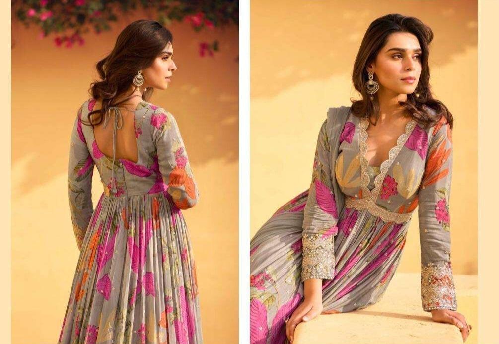 Grey Floral Print Anarkali Gown with Embroidered Dupatta