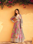 Grey Floral Print Anarkali Gown with Embroidered Dupatta