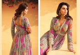 Grey Floral Print Anarkali Gown with Embroidered Dupatta