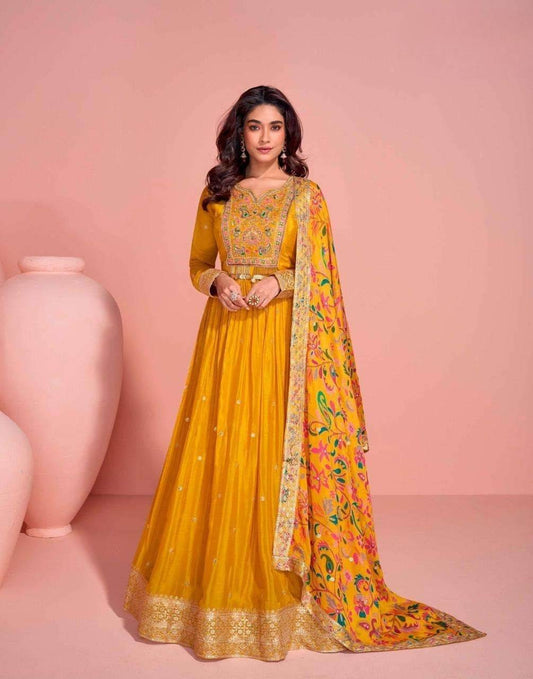 Mustard Yellow Anarkali Gown with Multicolor Dupatta