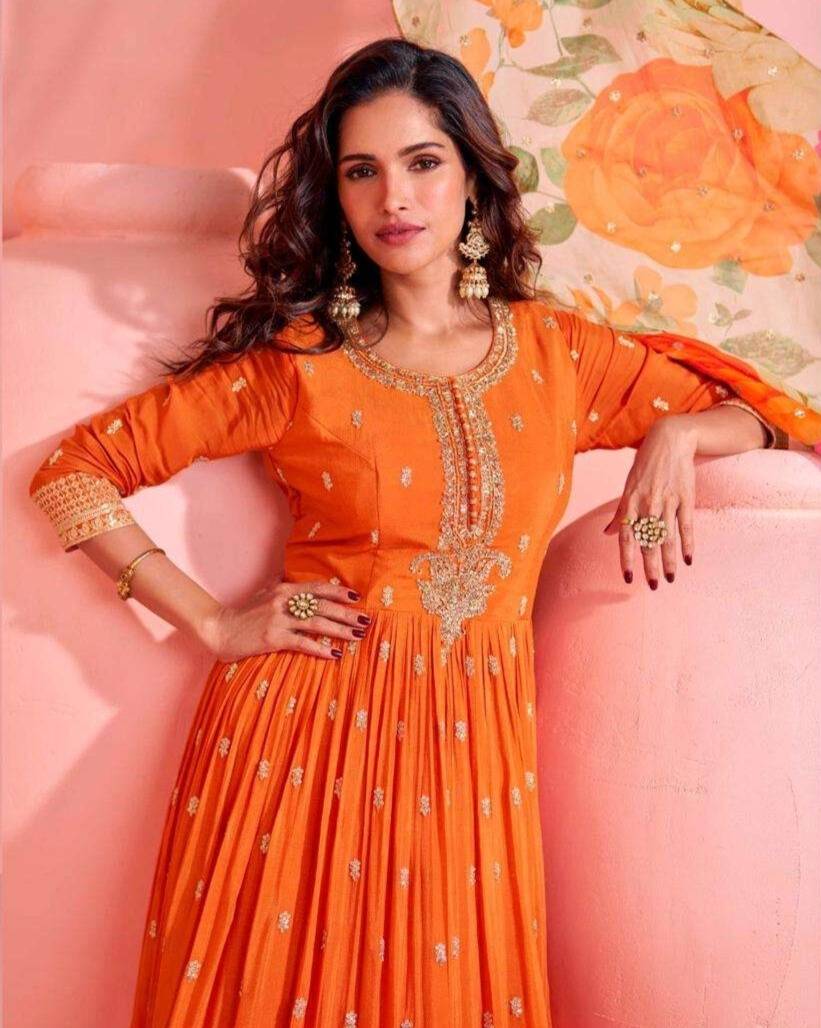 Burnt Orange Embroidered Anarkali Gown with Floral Dupatta