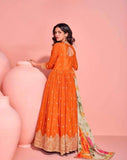 Burnt Orange Embroidered Anarkali Gown with Floral Dupatta