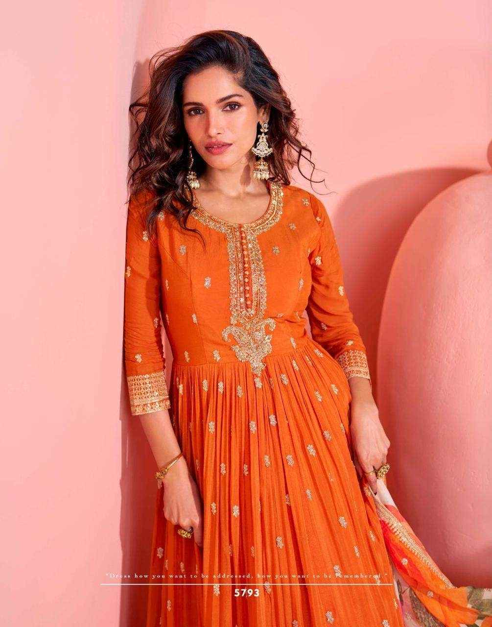 Burnt Orange Embroidered Anarkali Gown with Floral Dupatta