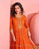 Burnt Orange Embroidered Anarkali Gown with Floral Dupatta