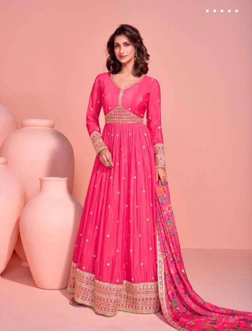 Rani Pink Embroidered Anarkali Gown with Printed Dupatta