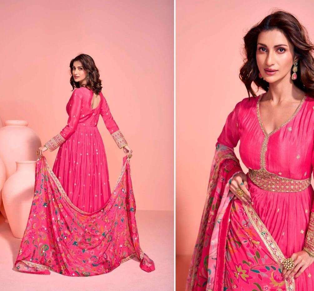 Rani Pink Embroidered Anarkali Gown with Printed Dupatta