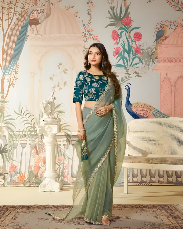 Elegant Green Zari Organza Party Wear Saree with Embroidered Blouse