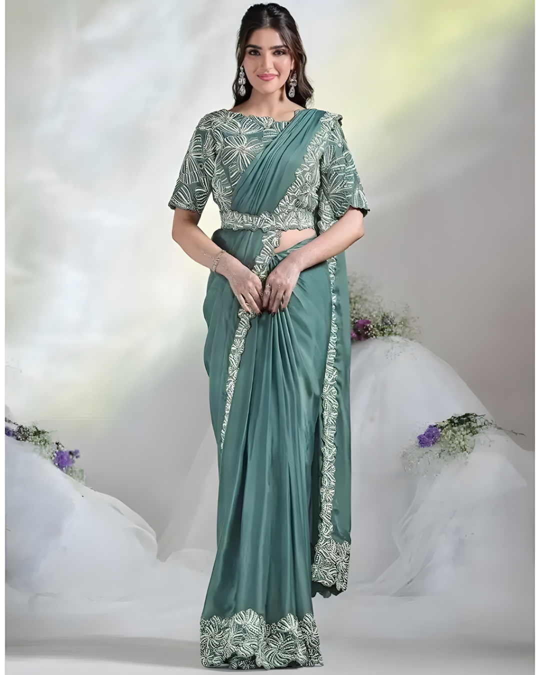 Teal Green Ready-to-Wear Satin Silk Saree with Hand Embroidered Blouse
