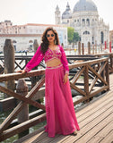Hot Pink Embroidered Silk Indo-Western Palazzo Set with Dupatta