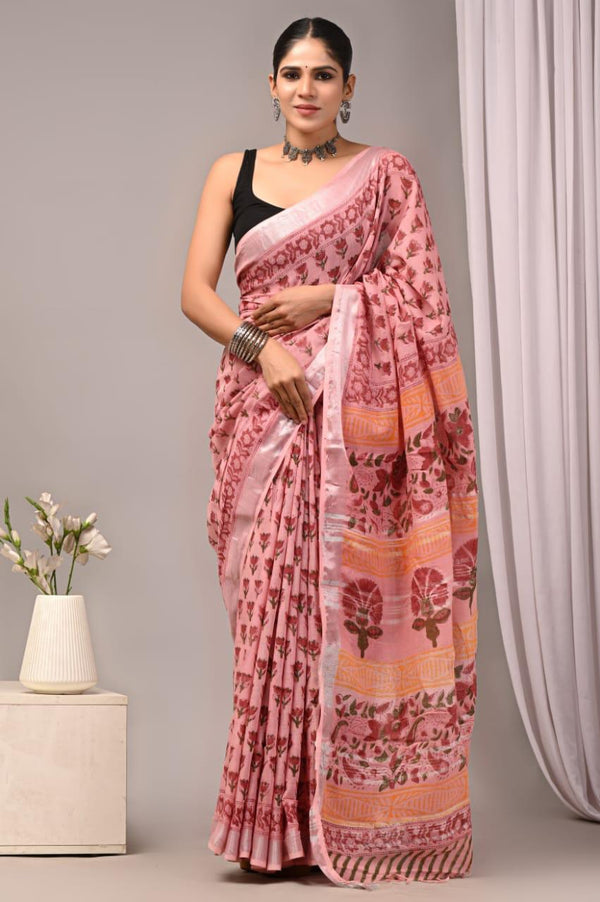 Rose Pink Floral Printed Linen Saree