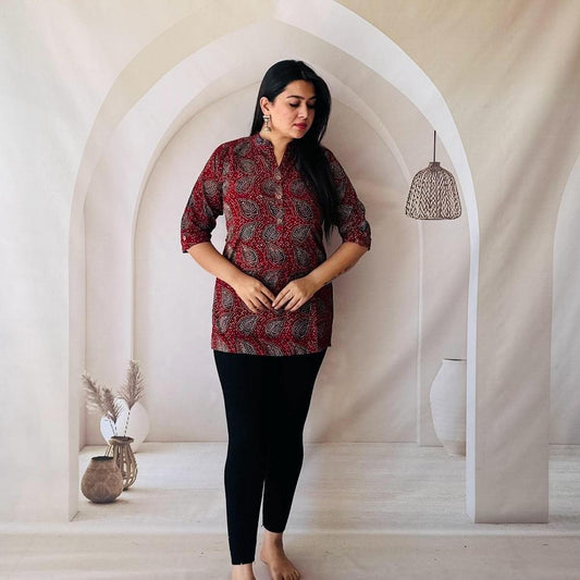 Maroon Leaf Print Cotton Short Kurti for Women – 3/4 Sleeve