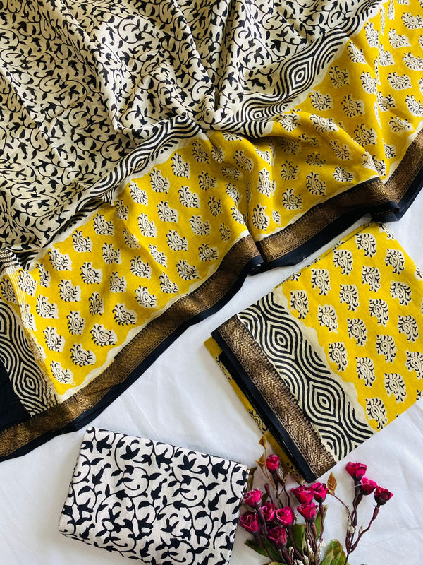 Yellow and Ivory Maheshwari Printed Unstitched Dress Material