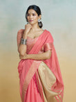 Coral Pink Khadi Silk Saree with Golden Zari Border & Tassel Pallu