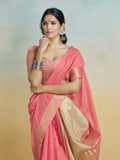 Coral Pink Khadi Silk Saree with Golden Zari Border & Tassel Pallu