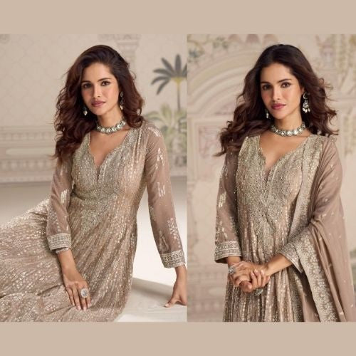 Golden Beige Embroidered Floor Length Anarkali Gown with Dupatta