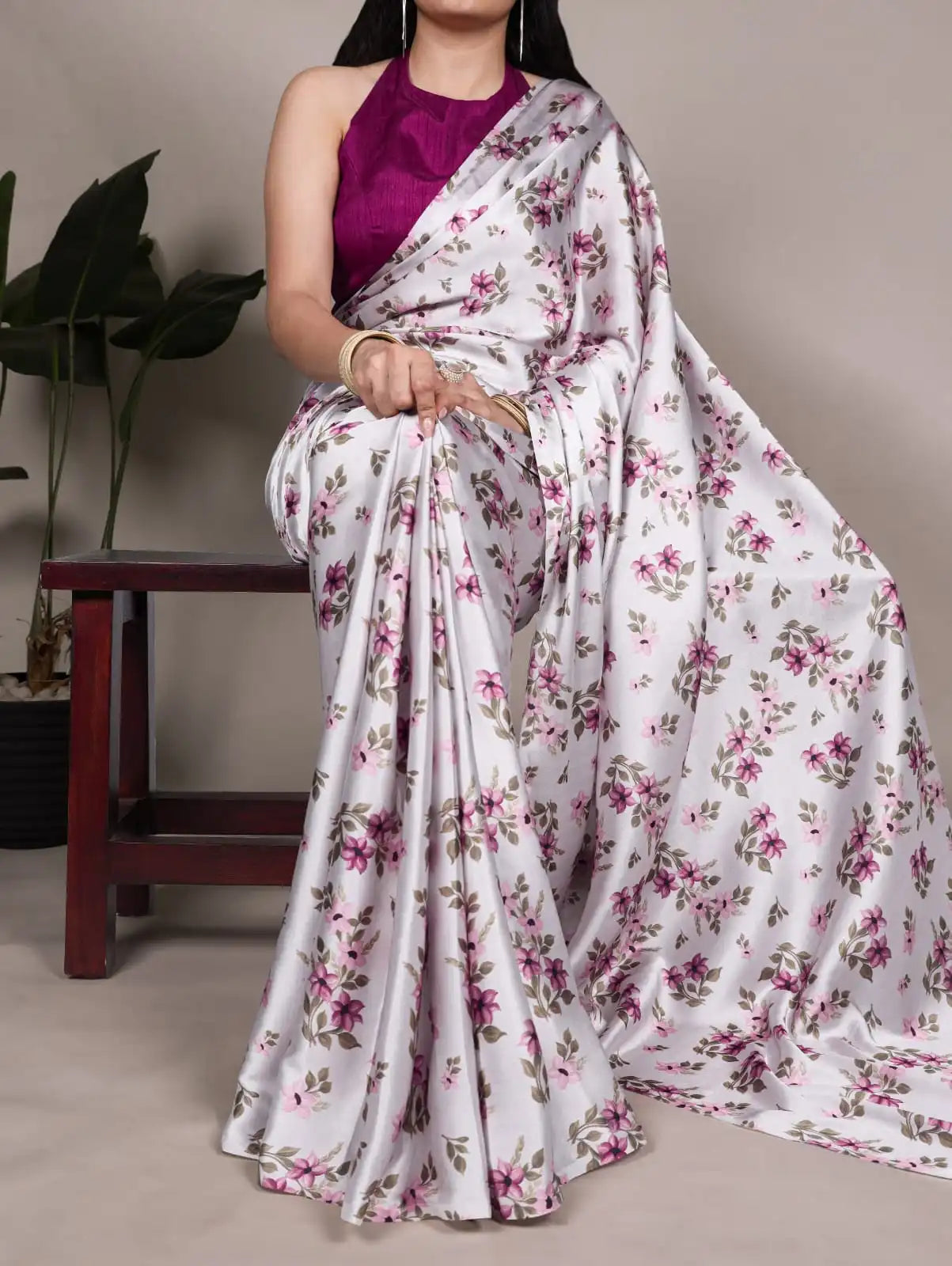 White Floral Printed Satin Silk Saree