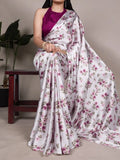 White Floral Printed Satin Silk Saree