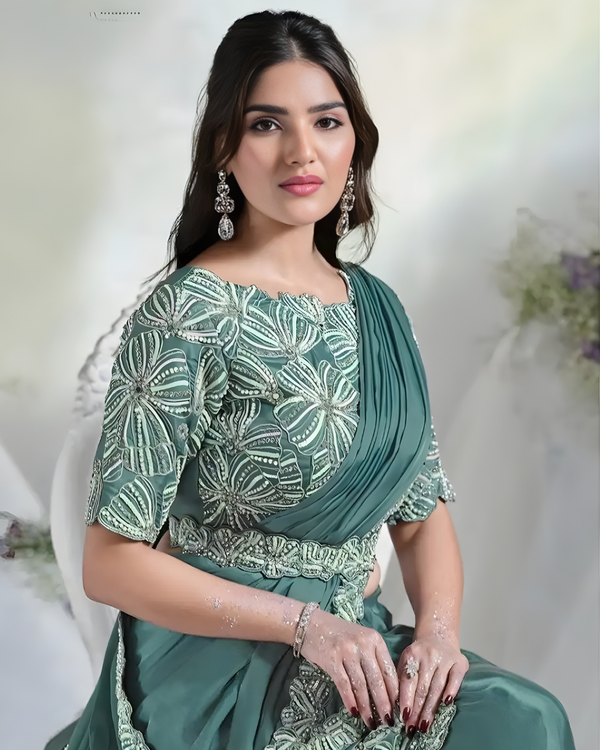 Teal Green Ready-to-Wear Satin Silk Saree with Hand Embroidered Blouse
