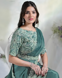 Teal Green Ready-to-Wear Satin Silk Saree with Hand Embroidered Blouse