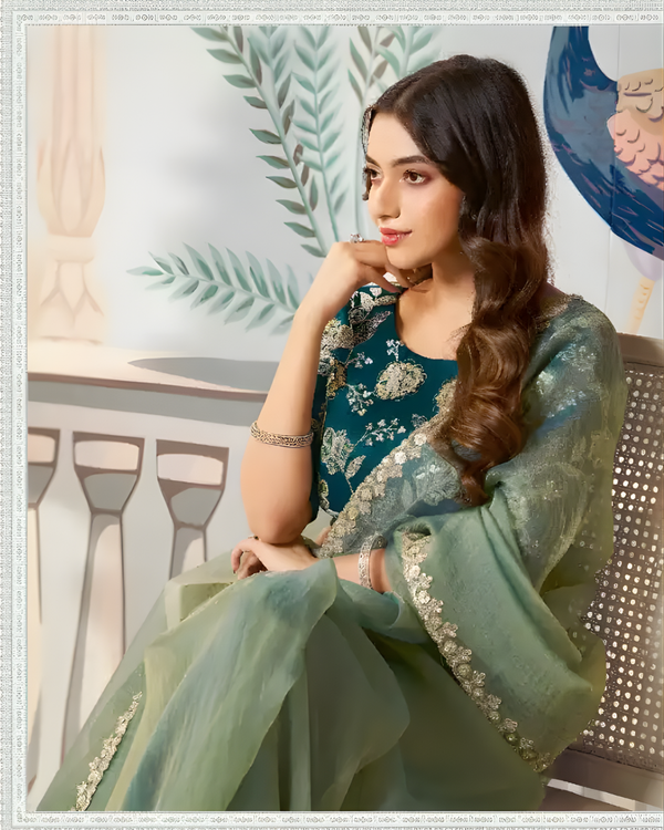 Elegant Green Zari Organza Party Wear Saree with Embroidered Blouse