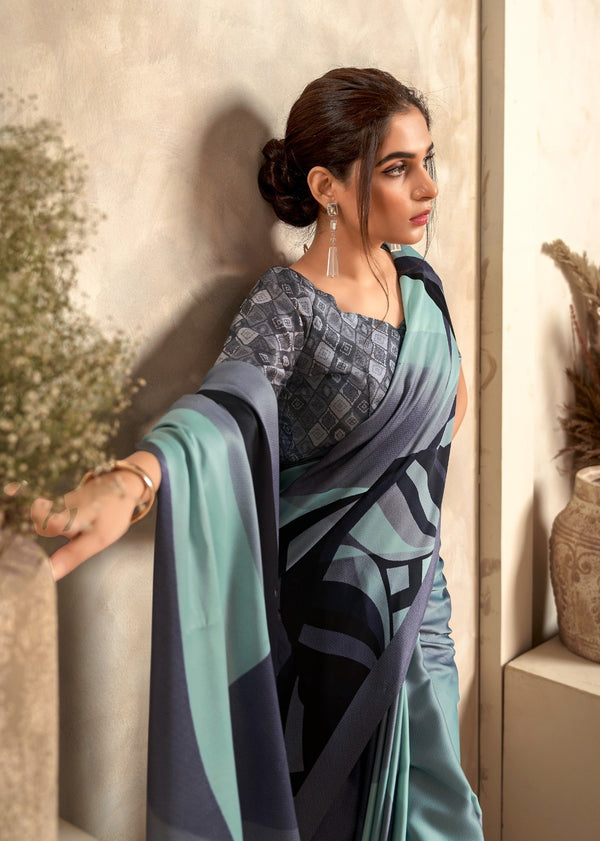 Mint Green Designer Crepe Silk Saree