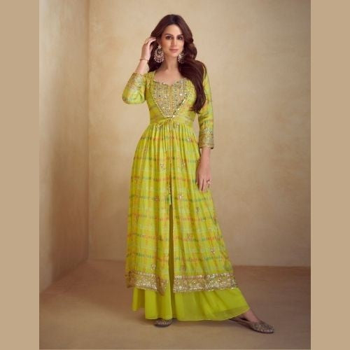Lime Yellow Indo Western Dress with Real Chinon Silk Palazzo