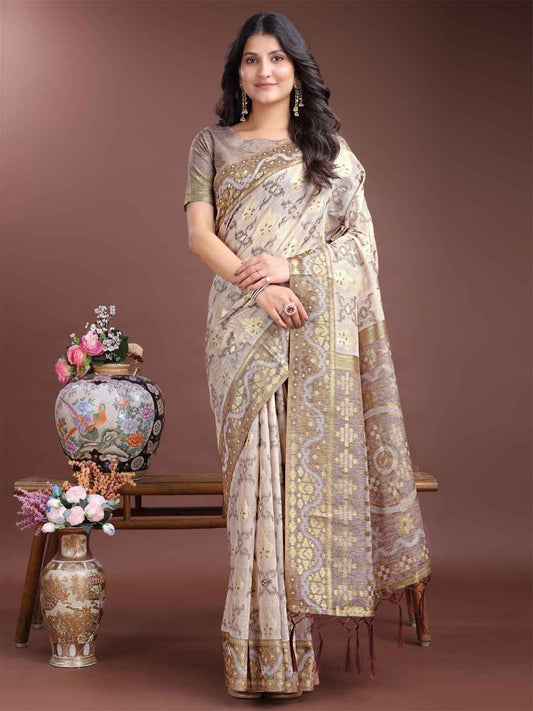 Earthy Brown & Beige Linen Cotton Saree with Blouse Piece