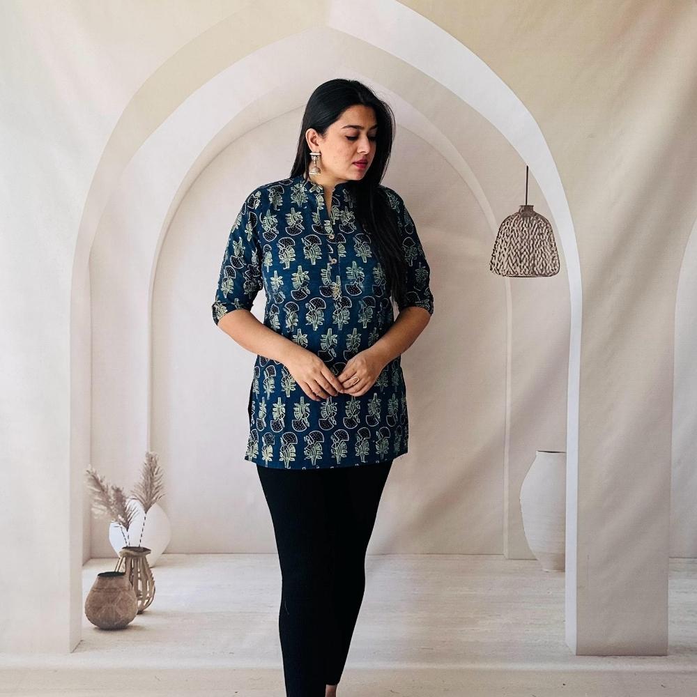 Indigo Blue Floral Hand Block Print Cotton Short Kurti