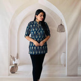 Indigo Blue Floral Hand Block Print Cotton Short Kurti