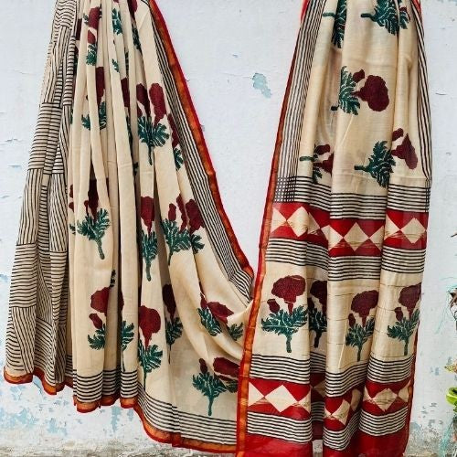 Beige and Red Handloom Chanderi Silk Saree with Floral Print