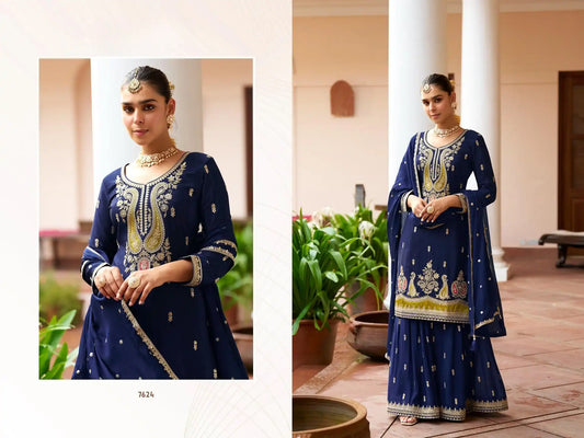 Navy Blue Real Chinon Embroidered Festive Palazzo Suit