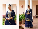 Navy Blue Real Chinon Embroidered Festive Palazzo Suit