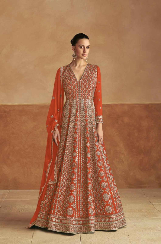Rust Orange Real Chinon Embroidered Gown with Dupatta