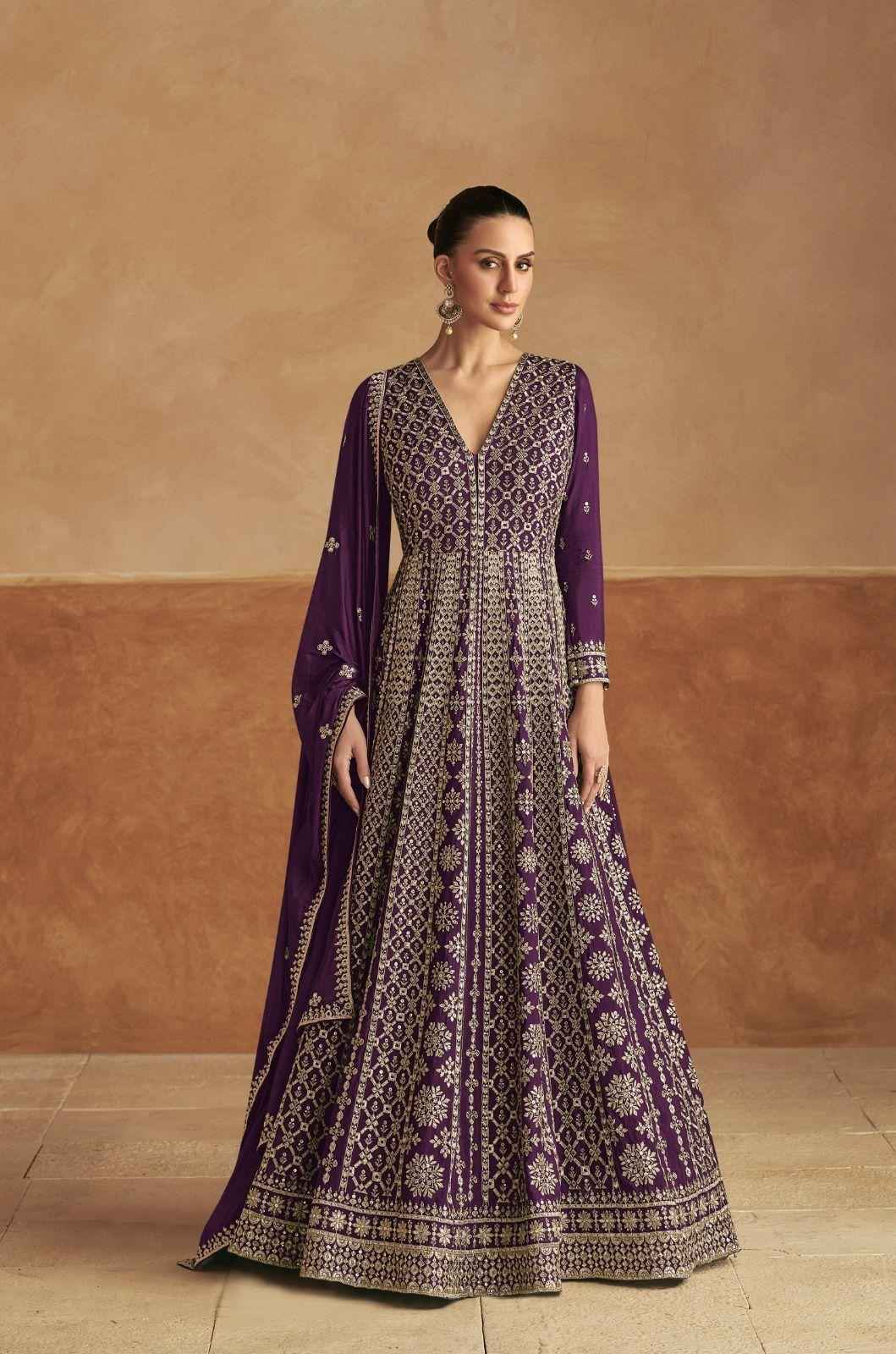 Majestic Purple Real Chinon Embroidered Anarkali Gown Set